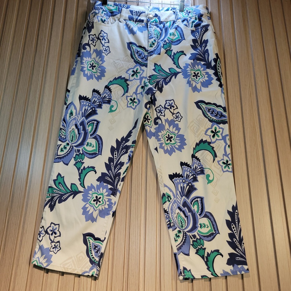 Chico's So Lifting Crop Pants Blue Green Floral Paisley Print Size 2.5 L 14/16
